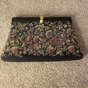 Vintage Black Clutch with Floral Tapestry Design